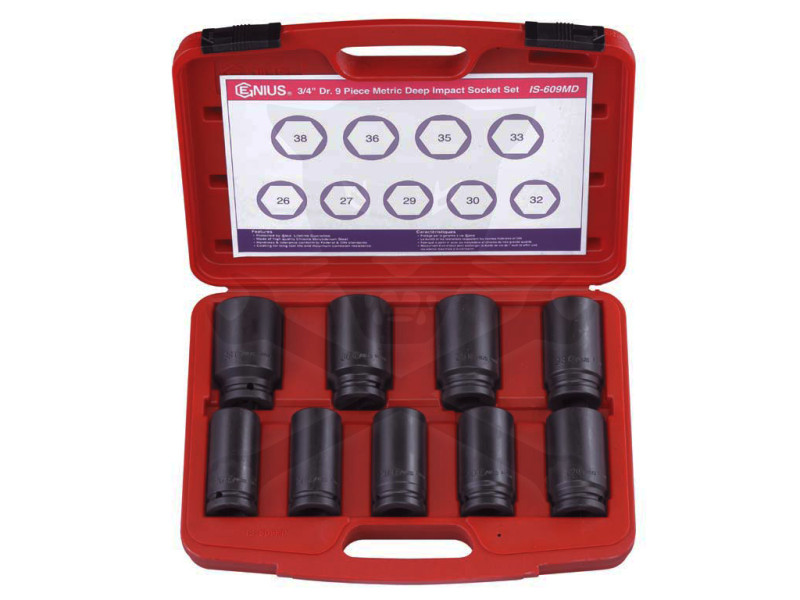 Légkulcsfej készlet 3/4" 9 db 26-38 mm metrikus hosszú 6 l. Genius