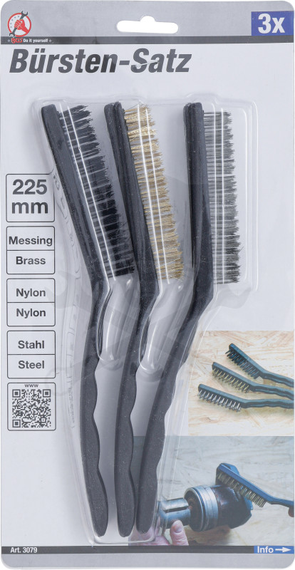 Drótkefe készlet 225 mm 3 db-os acél + réz + műanyag - Kraftmann