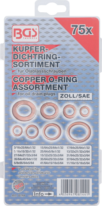 Tömítőgyűrű készlet réz 75 db-os rézalátét COLOS készlet