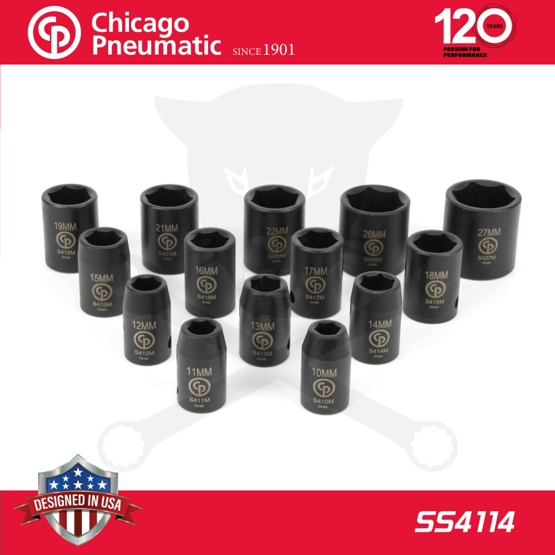 Légkulcsfej készlet 1/2" 14 db 10-27 mm metrikus normál 6 l. - Chicago (SS4114)