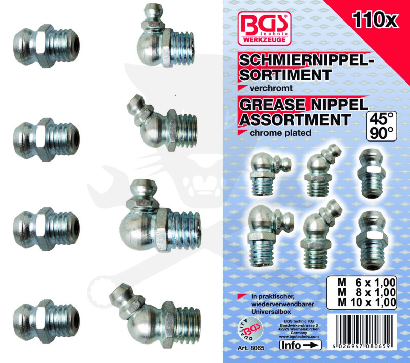 Zsírzógomb készlet 110 db-os M6x1.0 - M8x1.25 - M10x1.5 - BGS