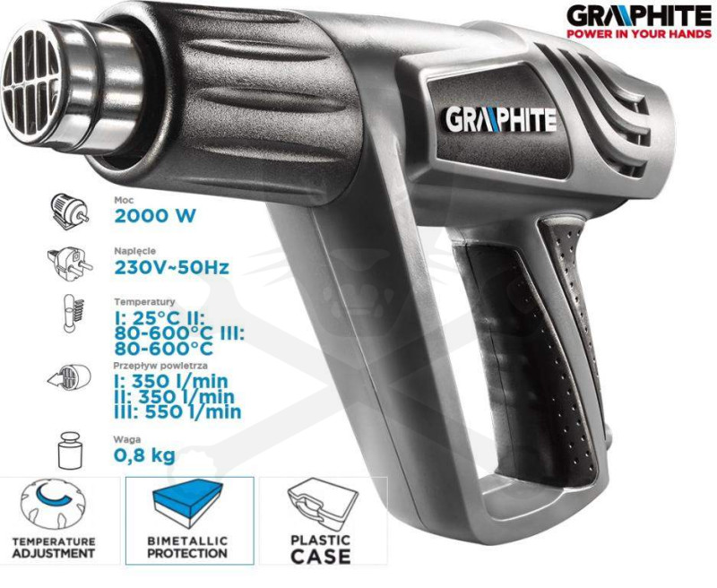 Hőlégfúvó Graphite 2000 W-os 3 fokozatú 25-600°C