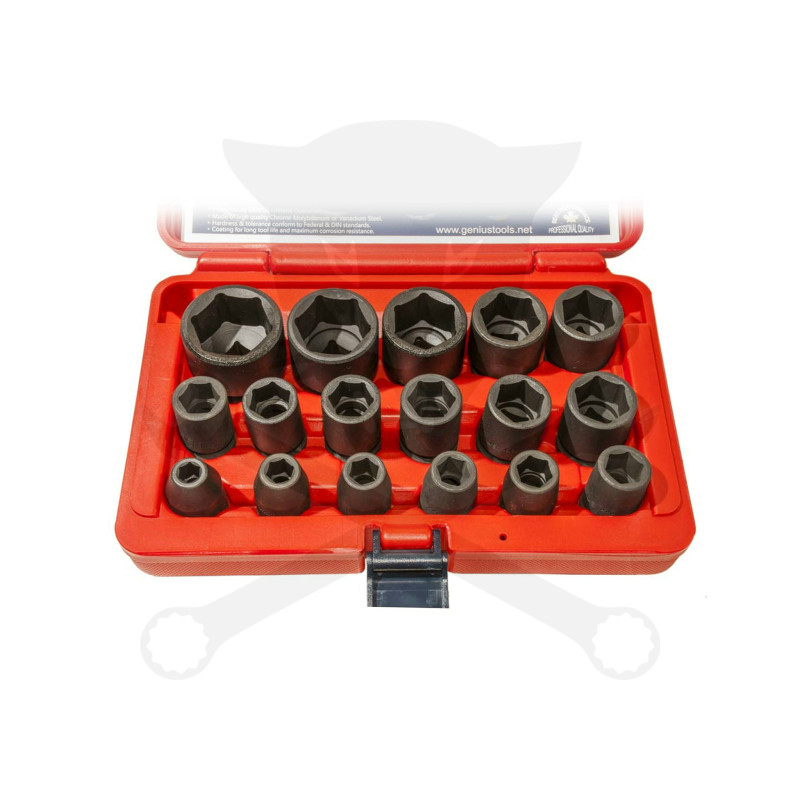 Légkulcsfej készlet 1/2" 17 db 8-32 mm metrikus rövid 6 lap - Genius