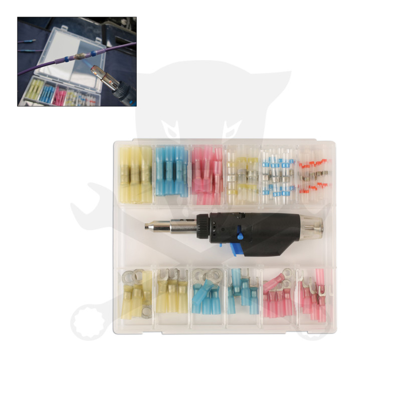 Gázmelegítő-gázzsugorító pisztoly + zsugorodó saru készlet 73 db-os