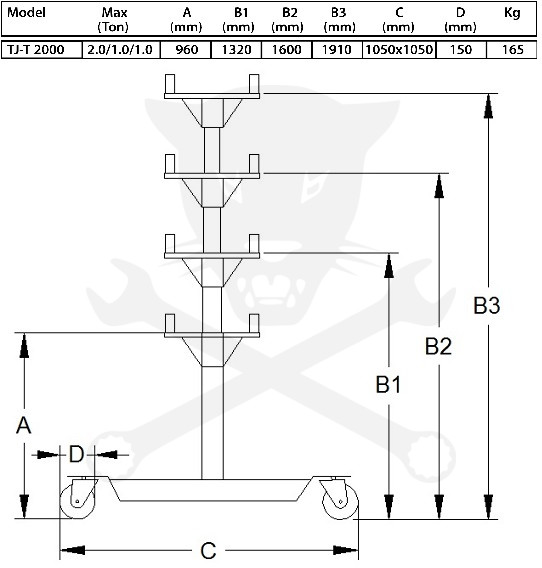 Váltótartó emelő hidraulikus 2 ton - tripla teleszkópos: 960-1910 mm
