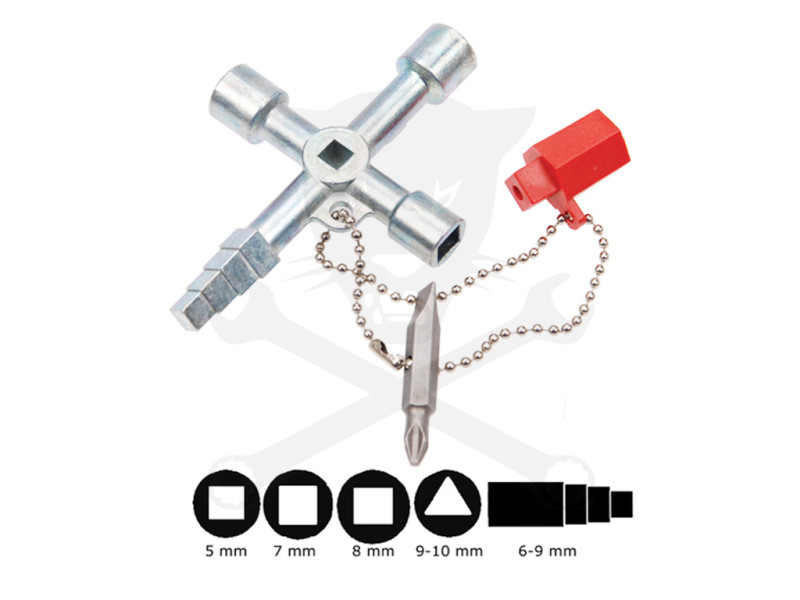 Kapcsolószekrény (karbantartó) kulcs - négyágú + 2 adapter