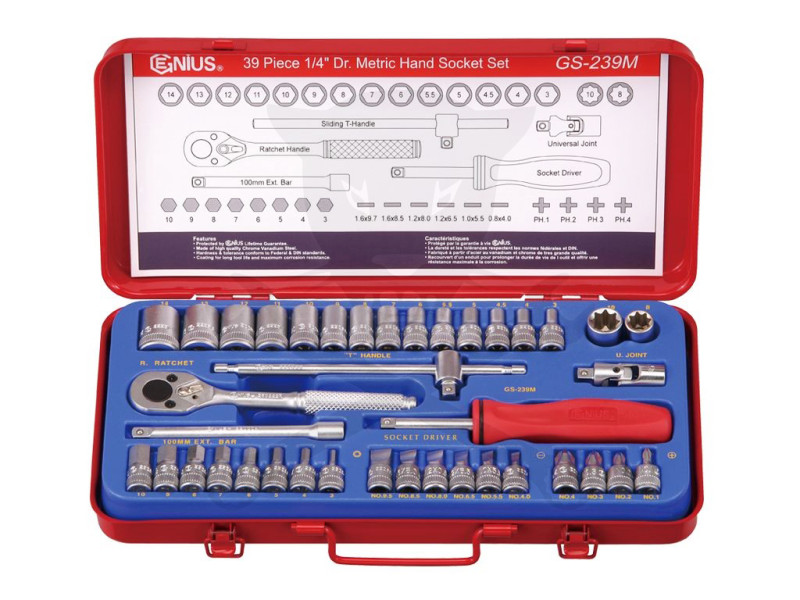 Dugókulcs készlet 1/4" 6 lap 3-14 mm + rátűzők. 39 db-os Genius