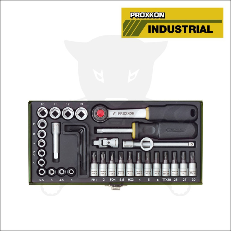 Dugókulcs készlet 1/4" 6 lap 4-13 mm + rátűzőkulcsok 36 db-os PROXXON