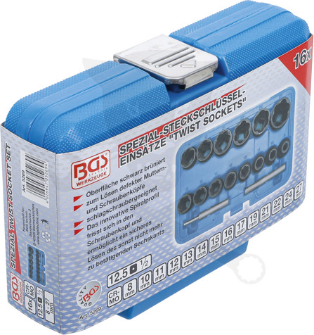 Kerékőr és sérült csavar leszedő dugófej készlet 8-27 mm 1/2" 14+2 db -BGS