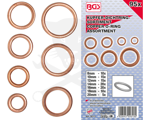 Tömítőgyűrű készlet réz 95 db-os rézalátét metrikus 8-20 mm