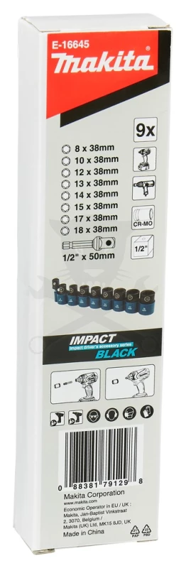 Dugókulcs készlet 1/2" 9 db-os 8-18 mm + 1/4”-1/2” adapter - Makita