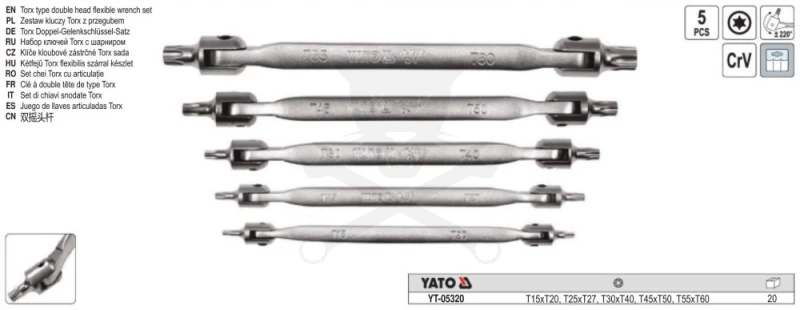 Torx csuklós külső készlet 5 db-os - 10 méret: T15 - T60 - YATO