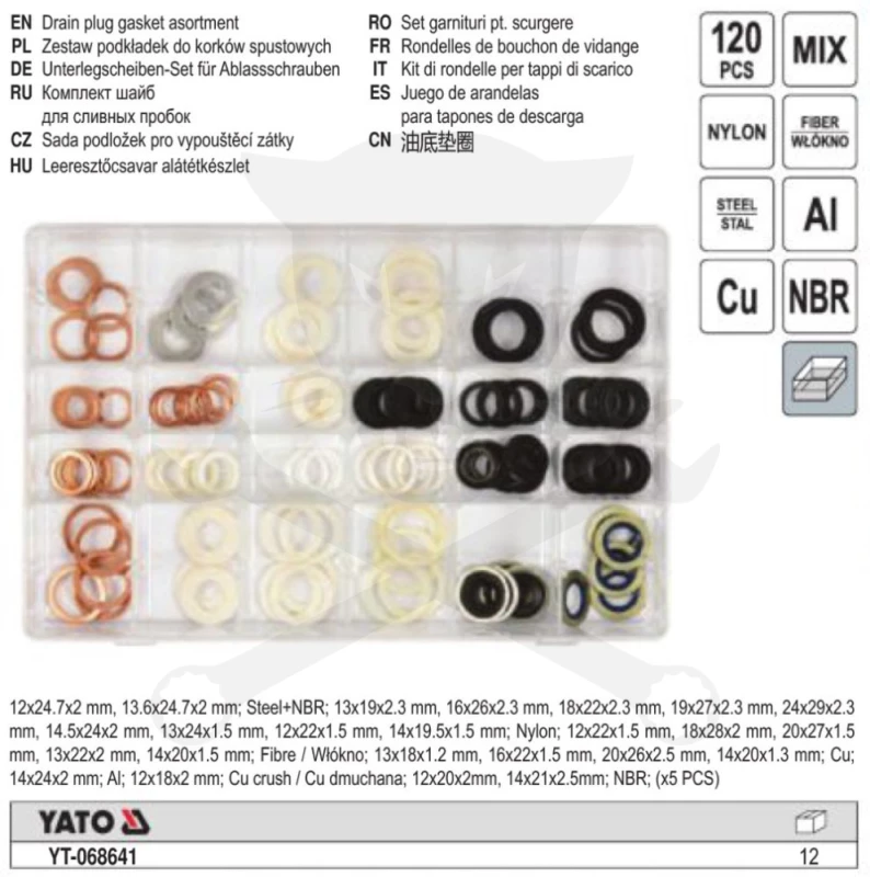Olajleeresztő csavar-hoz alátét 120 db-os készlet 12x18 - 20x27 mm