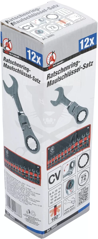 Csillag-villás racsnis készlet 12r. 8-19 mm rövid, 72 fogú csuklós - BGS