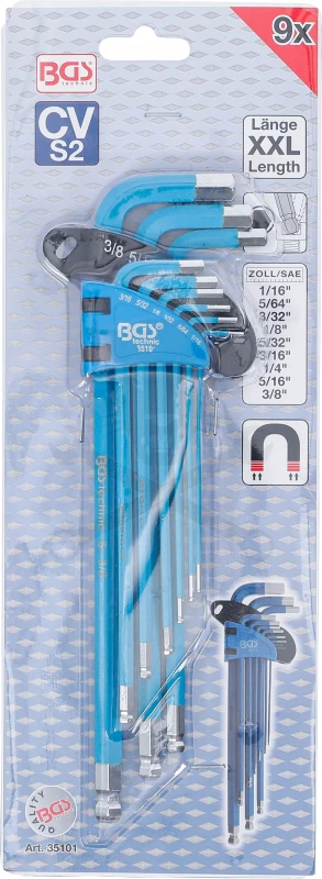 Imbuszkulcs készlet 9 db-os gömbvégű, mágneses 1/16" - 3/8" - BGS